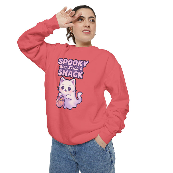 Spooky Snack Sweatshirt Featuring a Cute Ghost Cat Holding a Candy Basket with a Humorous Slogan
