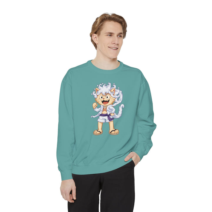 Cute Cat Character Sweatshirt Featuring a Whimsical Feline in a Cheerful Anime Inspired Pose for Fans of Unique Graphics Animal Lover Apparel Fun Fashion Casual Wear