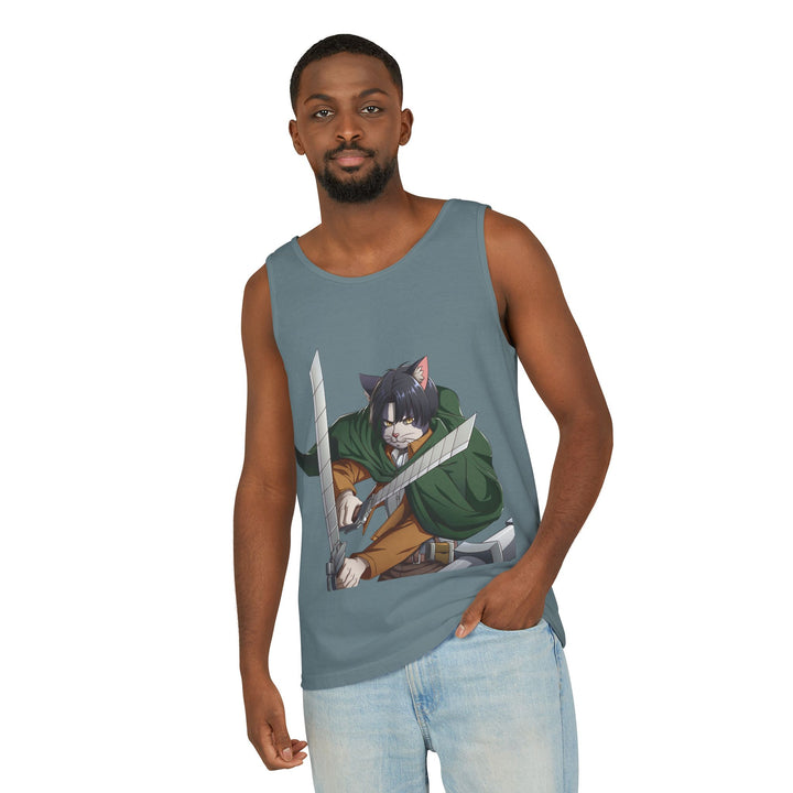 Anime Cat Warrior Tank Top, Unisex Graphic Tee, Cute Anime Apparel, Summer Fashion, Gift for Anime Fans