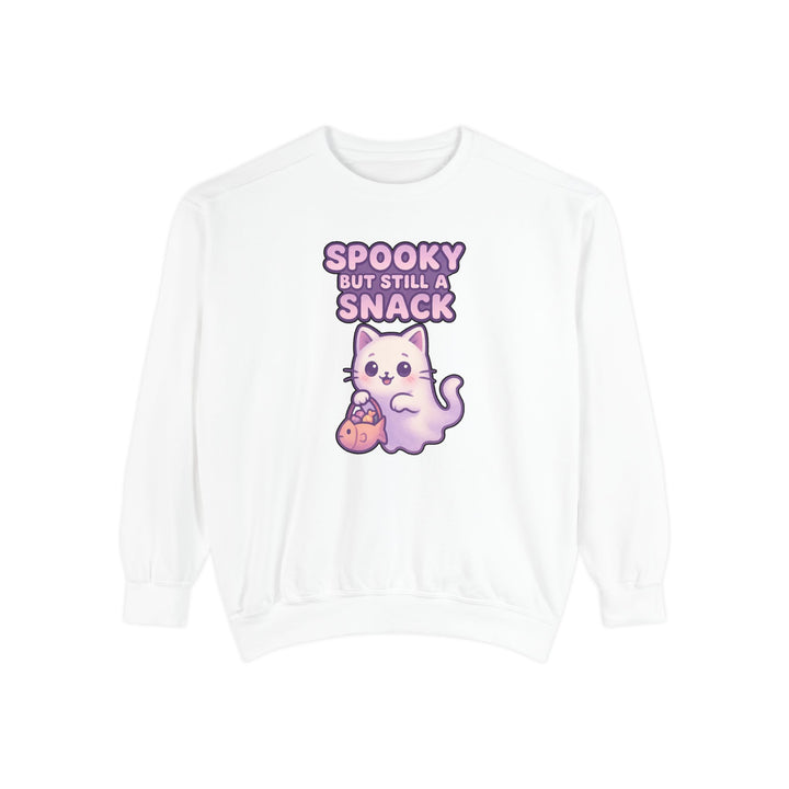 Spooky Snack Sweatshirt Featuring a Cute Ghost Cat Holding a Candy Basket with a Humorous Slogan