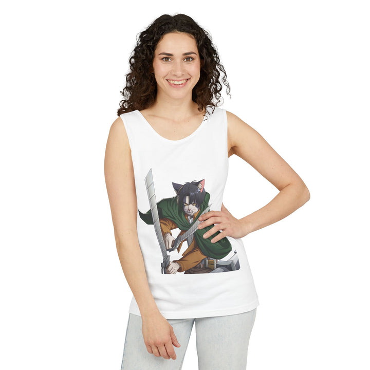 Anime Cat Warrior Tank Top, Unisex Graphic Tee, Cute Anime Apparel, Summer Fashion, Gift for Anime Fans