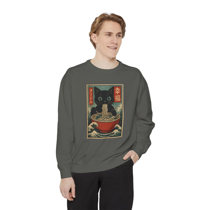 Japanese-Inspired Cat Sweatshirt Featuring a Black Cat Eating Ramen in a Classic Ukiyo-e Woodblock Art Style Cozy Unisex Sweater Cute Gift for Cat Lovers Casual Lounge Wear Perfect for Fall