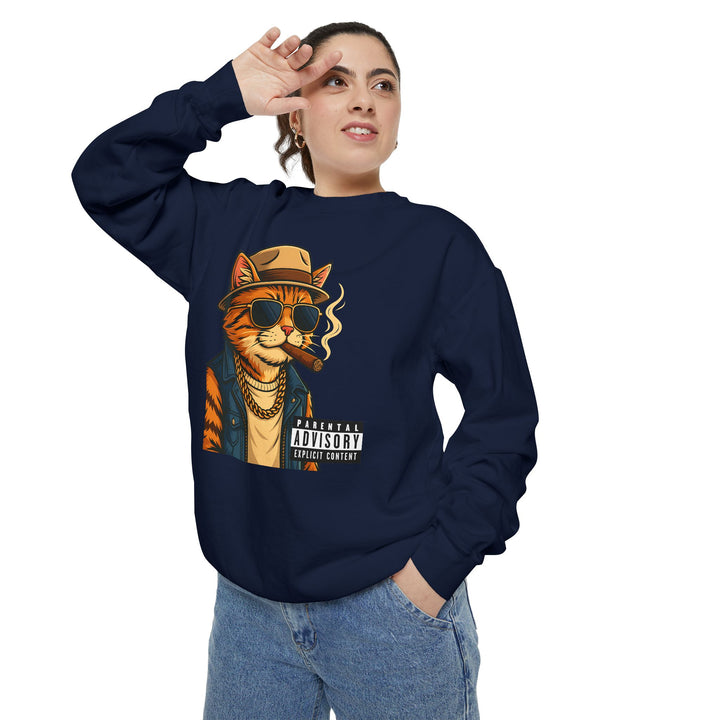 Cool Cat Vintage Sweatshirt with a Black Cat Eating Ramen in a Japanese Ukiyo-e Woodblock Art Style