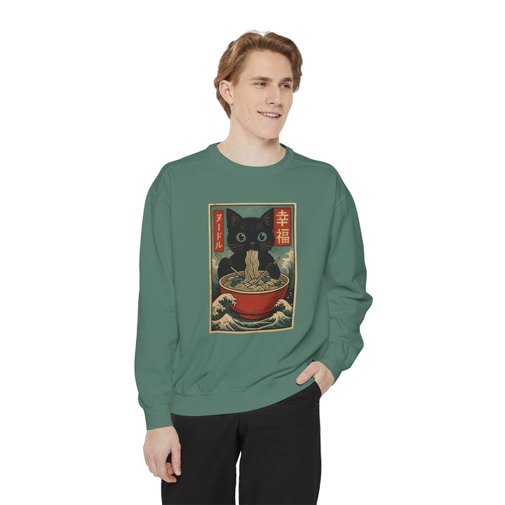 Japanese-Inspired Cat Sweatshirt Featuring a Black Cat Eating Ramen in a Classic Ukiyo-e Woodblock Art Style Cozy Unisex Sweater Cute Gift for Cat Lovers Casual Lounge Wear Perfect for Fall