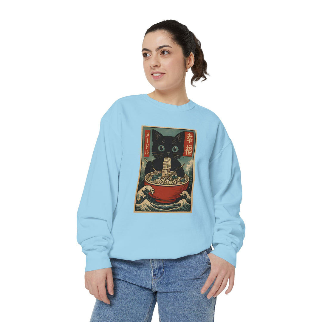 Japanese-Inspired Cat Sweatshirt Featuring a Black Cat Eating Ramen in a Classic Ukiyo-e Woodblock Art Style Cozy Unisex Sweater Cute Gift for Cat Lovers Casual Lounge Wear Perfect for Fall