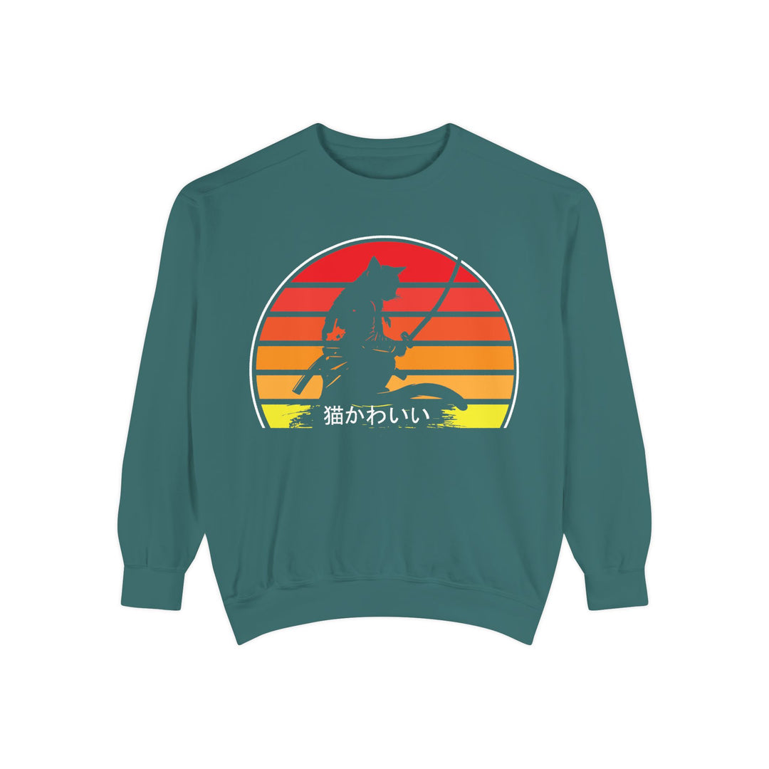 Sunset Samurai Sweatshirt | Cozy Unisex Garment-Dyed Pullover, Gift for Anime Lovers, Japanese Aesthetic Apparel, Fall Fashion, Casual Wear