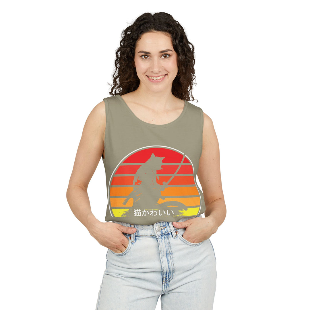 Sunset Cat Tank Top, Unisex Summer Top, Beachwear, Casual Workout Shirt, Gift for Cat Lovers