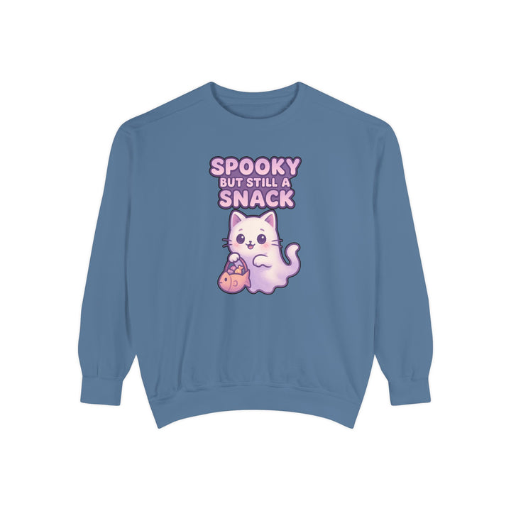 Spooky Snack Sweatshirt Featuring a Cute Ghost Cat Holding a Candy Basket with a Humorous Slogan