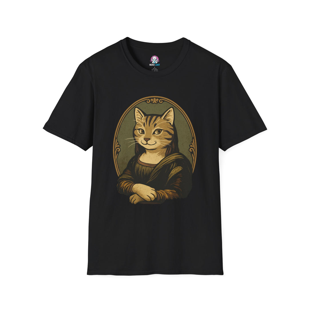 Black T-shirt featuring a cat styled as the Mona Lisa in an oval portrait.