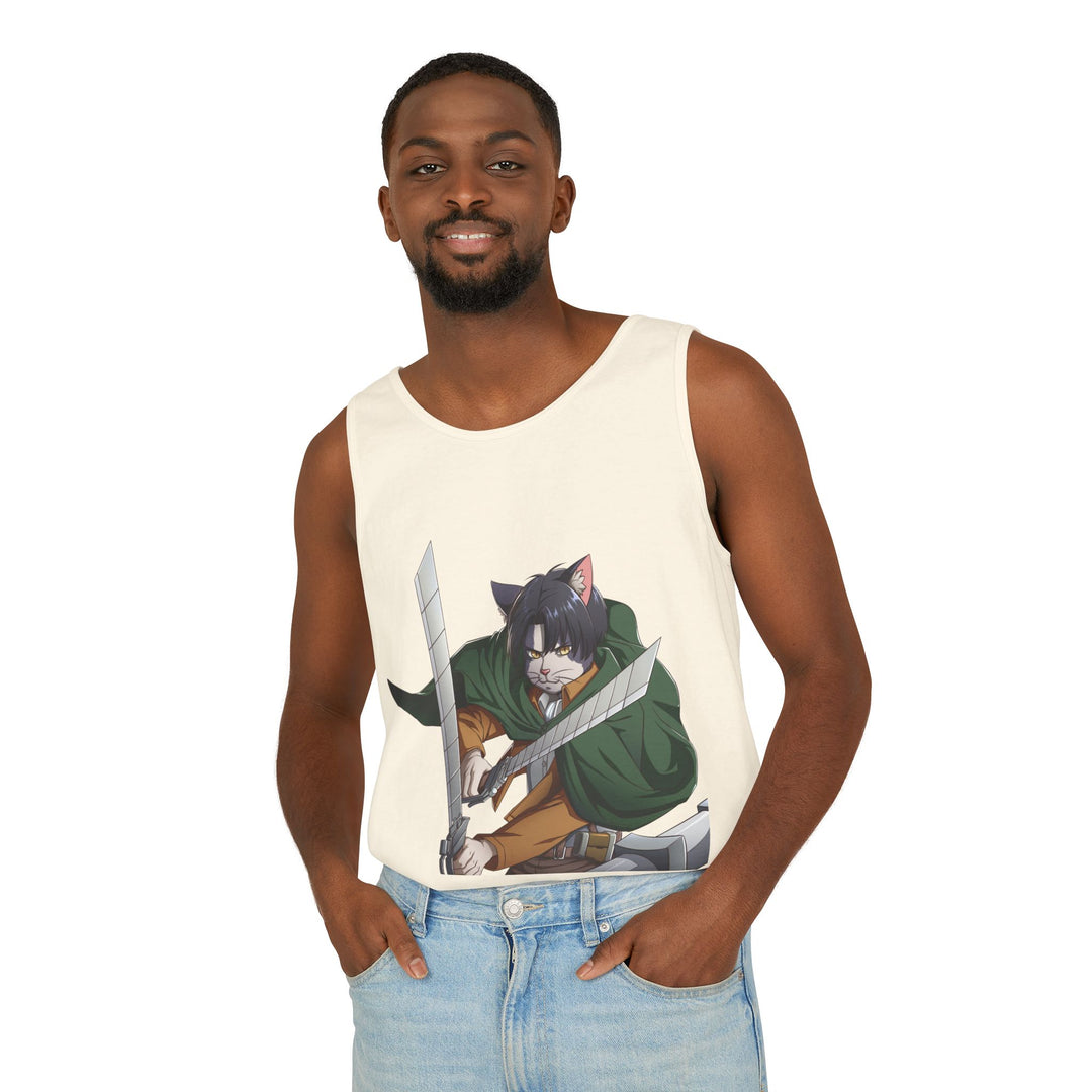 Anime Cat Warrior Tank Top, Unisex Graphic Tee, Cute Anime Apparel, Summer Fashion, Gift for Anime Fans