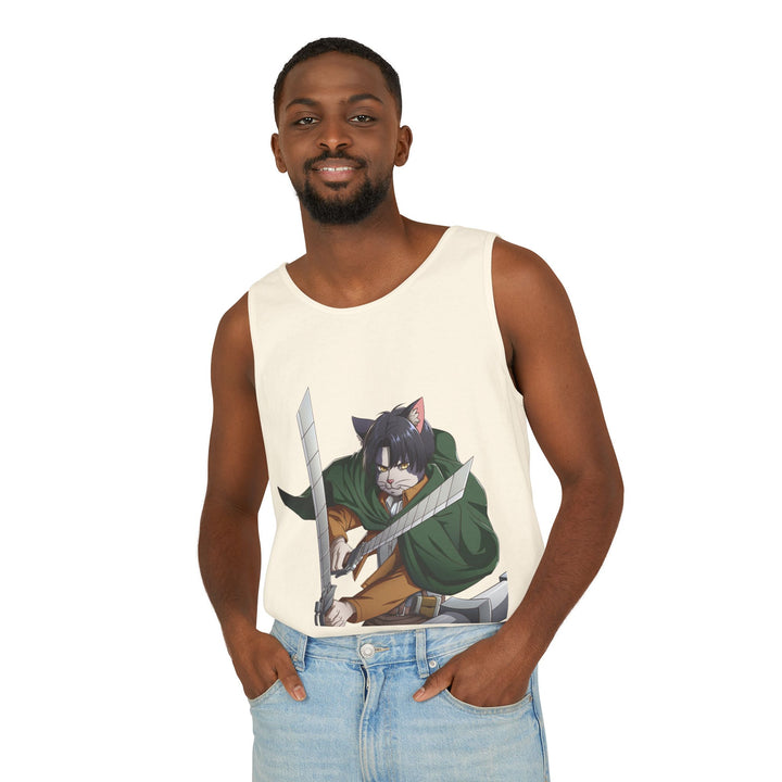 Anime Cat Warrior Tank Top, Unisex Graphic Tee, Cute Anime Apparel, Summer Fashion, Gift for Anime Fans