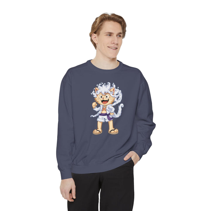 Cute Cat Character Sweatshirt Featuring a Whimsical Feline in a Cheerful Anime Inspired Pose for Fans of Unique Graphics Animal Lover Apparel Fun Fashion Casual Wear