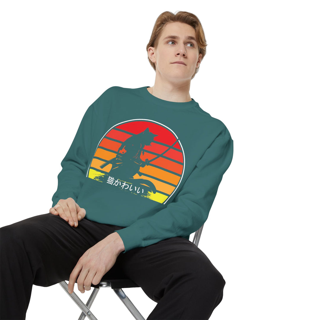 Sunset Samurai Sweatshirt | Cozy Unisex Garment-Dyed Pullover, Gift for Anime Lovers, Japanese Aesthetic Apparel, Fall Fashion, Casual Wear