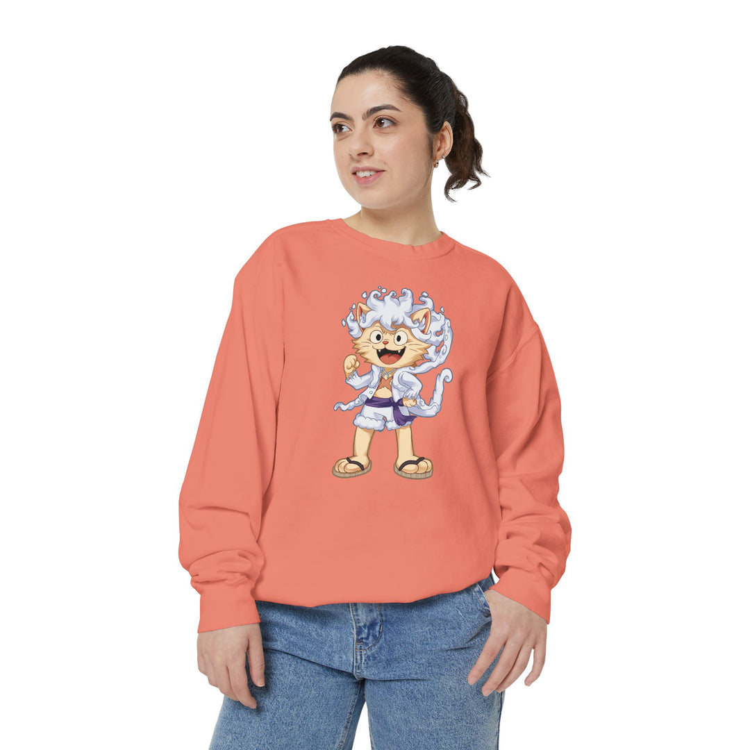 Cute Cat Character Sweatshirt Featuring a Whimsical Feline in a Cheerful Anime Inspired Pose for Fans of Unique Graphics Animal Lover Apparel Fun Fashion Casual Wear