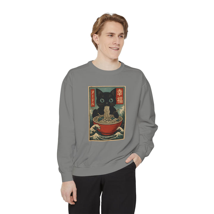Japanese-Inspired Cat Sweatshirt Featuring a Black Cat Eating Ramen in a Classic Ukiyo-e Woodblock Art Style Cozy Unisex Sweater Cute Gift for Cat Lovers Casual Lounge Wear Perfect for Fall