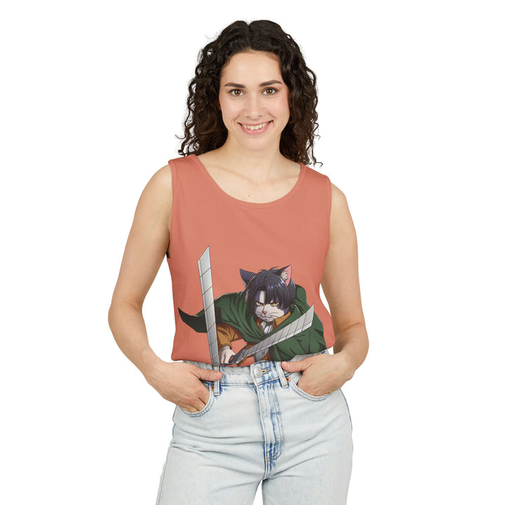 Anime Cat Warrior Tank Top, Unisex Graphic Tee, Cute Anime Apparel, Summer Fashion, Gift for Anime Fans