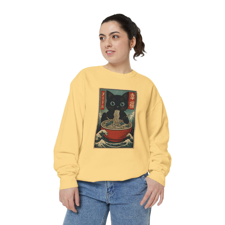 Japanese-Inspired Cat Sweatshirt Featuring a Black Cat Eating Ramen in a Classic Ukiyo-e Woodblock Art Style Cozy Unisex Sweater Cute Gift for Cat Lovers Casual Lounge Wear Perfect for Fall