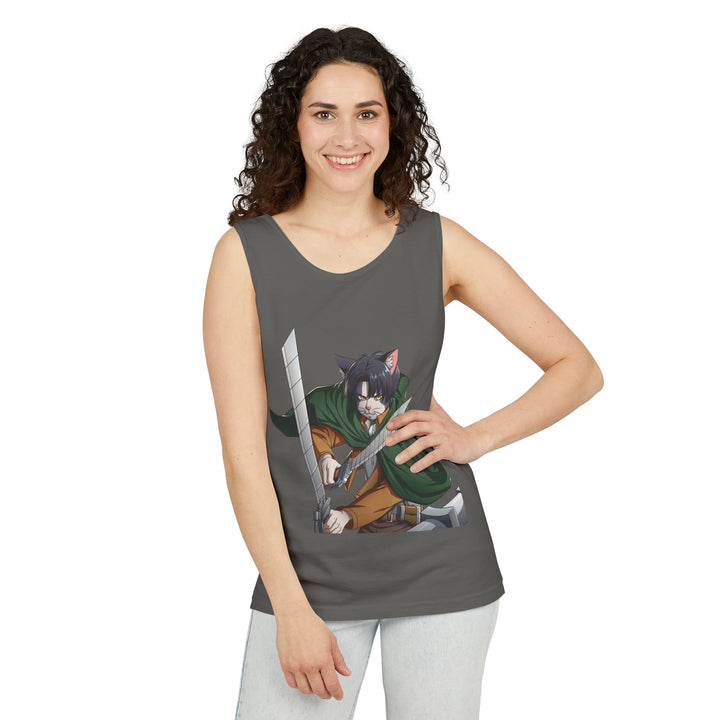 Anime Cat Warrior Tank Top, Unisex Graphic Tee, Cute Anime Apparel, Summer Fashion, Gift for Anime Fans