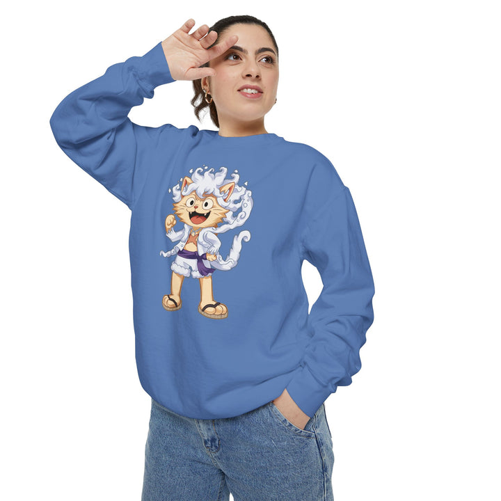 Cute Cat Character Sweatshirt Featuring a Whimsical Feline in a Cheerful Anime Inspired Pose for Fans of Unique Graphics Animal Lover Apparel Fun Fashion Casual Wear