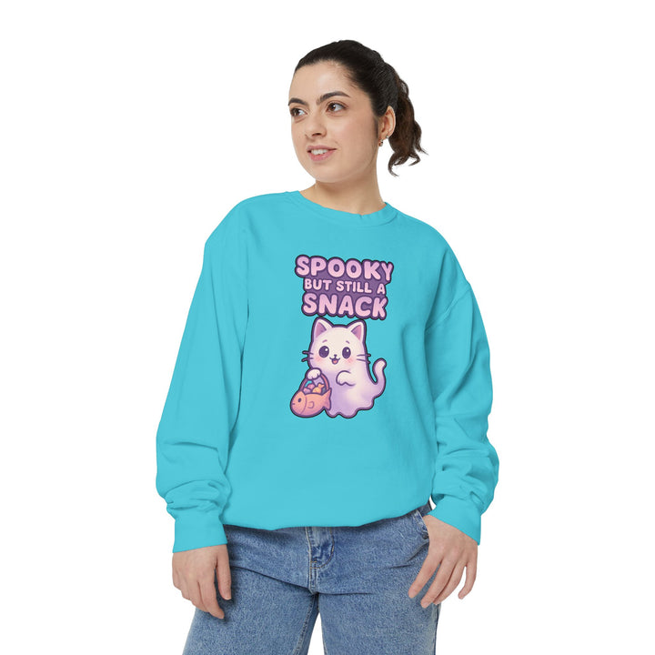 Spooky Snack Sweatshirt Featuring a Cute Ghost Cat Holding a Candy Basket with a Humorous Slogan