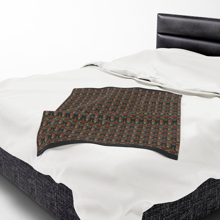 Velveteen Plush Blanket Featuring a Repeating Pattern of a Black Cat Eating Ramen in Ukiyo-e Style