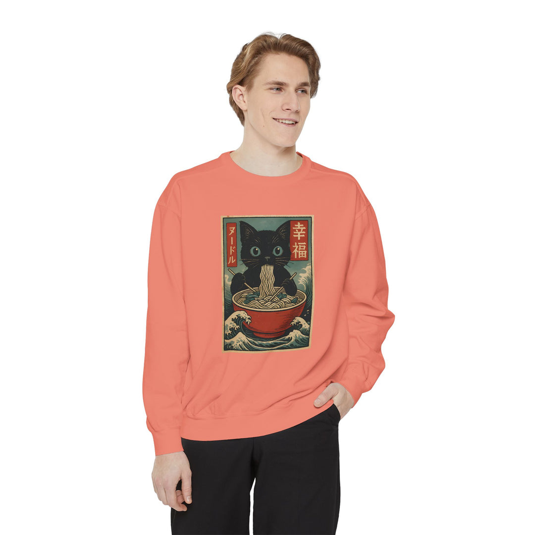 Japanese-Inspired Cat Sweatshirt Featuring a Black Cat Eating Ramen in a Classic Ukiyo-e Woodblock Art Style Cozy Unisex Sweater Cute Gift for Cat Lovers Casual Lounge Wear Perfect for Fall