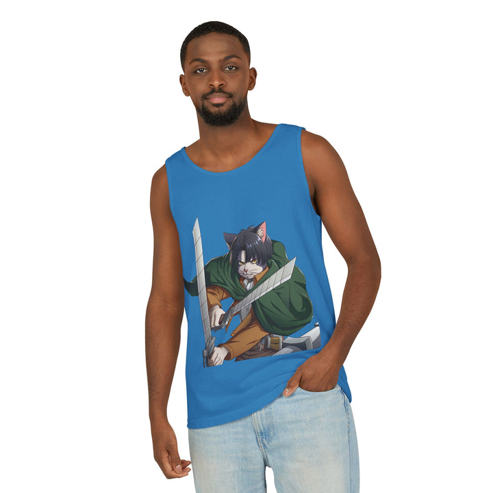 Anime Cat Warrior Tank Top, Unisex Graphic Tee, Cute Anime Apparel, Summer Fashion, Gift for Anime Fans