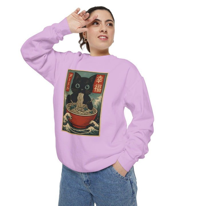 Japanese-Inspired Cat Sweatshirt Featuring a Black Cat Eating Ramen in a Classic Ukiyo-e Woodblock Art Style Cozy Unisex Sweater Cute Gift for Cat Lovers Casual Lounge Wear Perfect for Fall