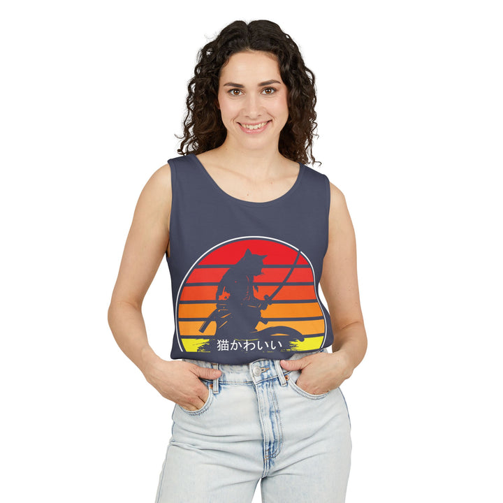 Sunset Cat Tank Top, Unisex Summer Top, Beachwear, Casual Workout Shirt, Gift for Cat Lovers