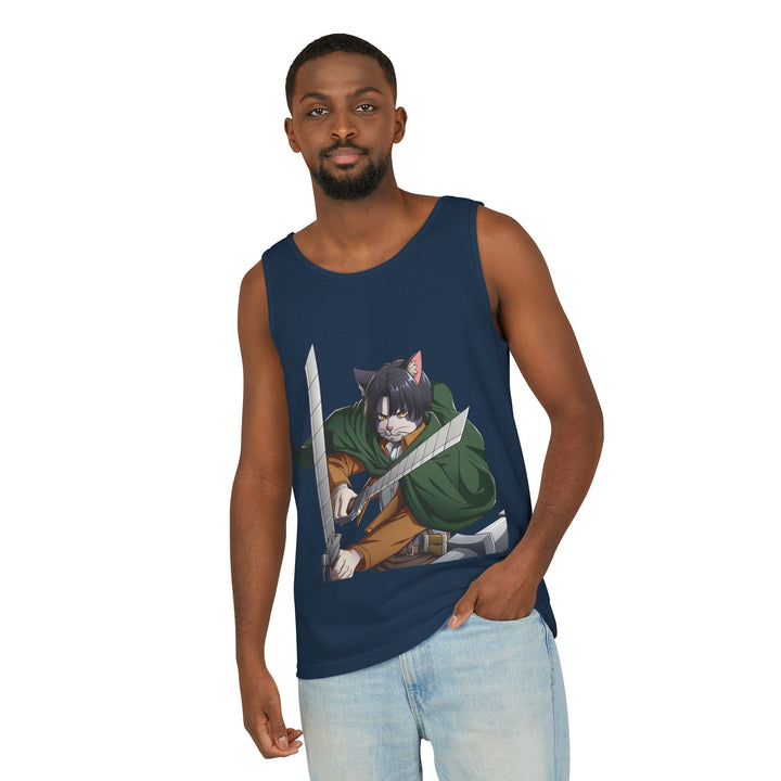 Anime Cat Warrior Tank Top, Unisex Graphic Tee, Cute Anime Apparel, Summer Fashion, Gift for Anime Fans