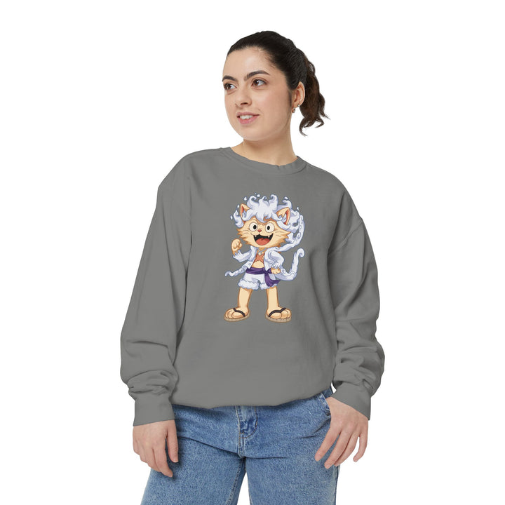 Cute Cat Character Sweatshirt Featuring a Whimsical Feline in a Cheerful Anime Inspired Pose for Fans of Unique Graphics Animal Lover Apparel Fun Fashion Casual Wear