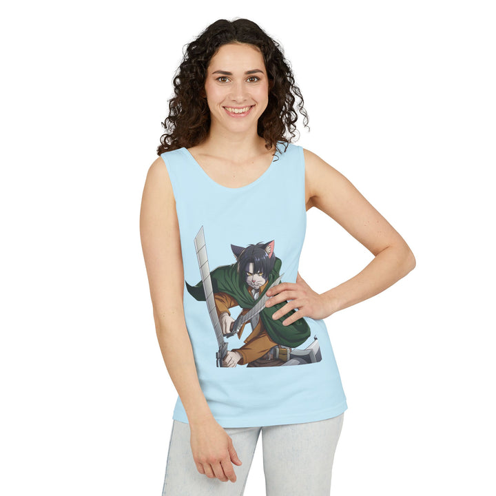Anime Cat Warrior Tank Top, Unisex Graphic Tee, Cute Anime Apparel, Summer Fashion, Gift for Anime Fans