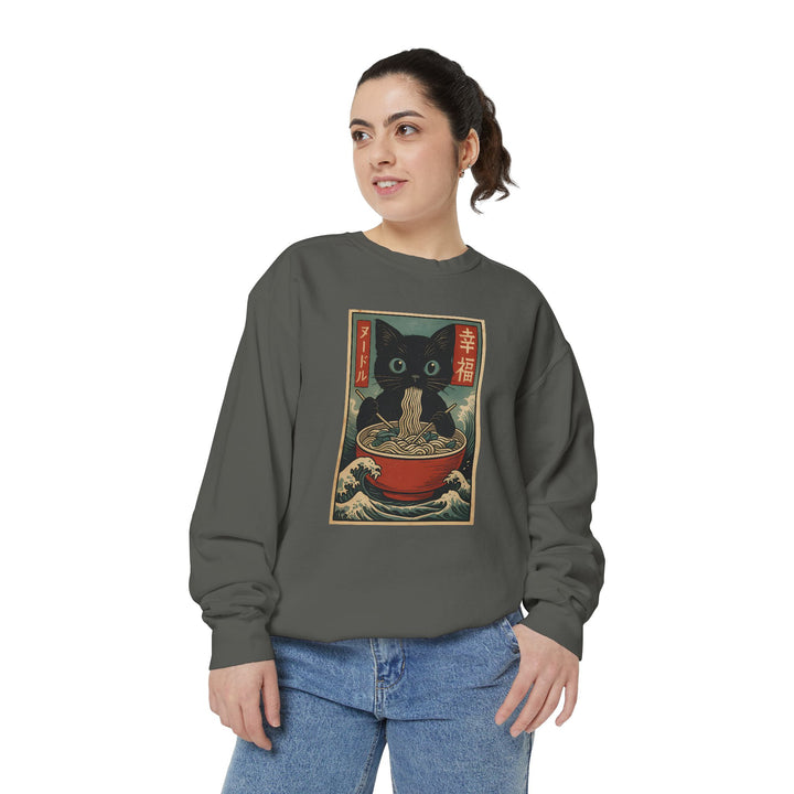 Japanese-Inspired Cat Sweatshirt Featuring a Black Cat Eating Ramen in a Classic Ukiyo-e Woodblock Art Style Cozy Unisex Sweater Cute Gift for Cat Lovers Casual Lounge Wear Perfect for Fall