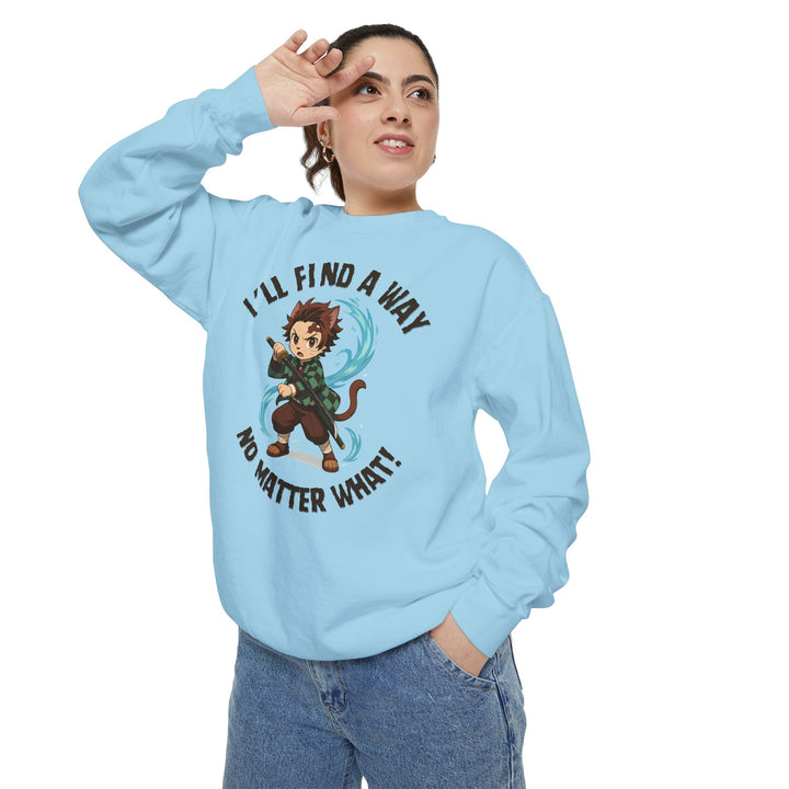 Motivational Unisex Sweatshirt with an Anime-Inspired Cat Demon Slayer and the Slogan "I'll Find a Way No Matter What Inspirational Gift Cozy Fashion Everyday Wear Unique Statement Piece