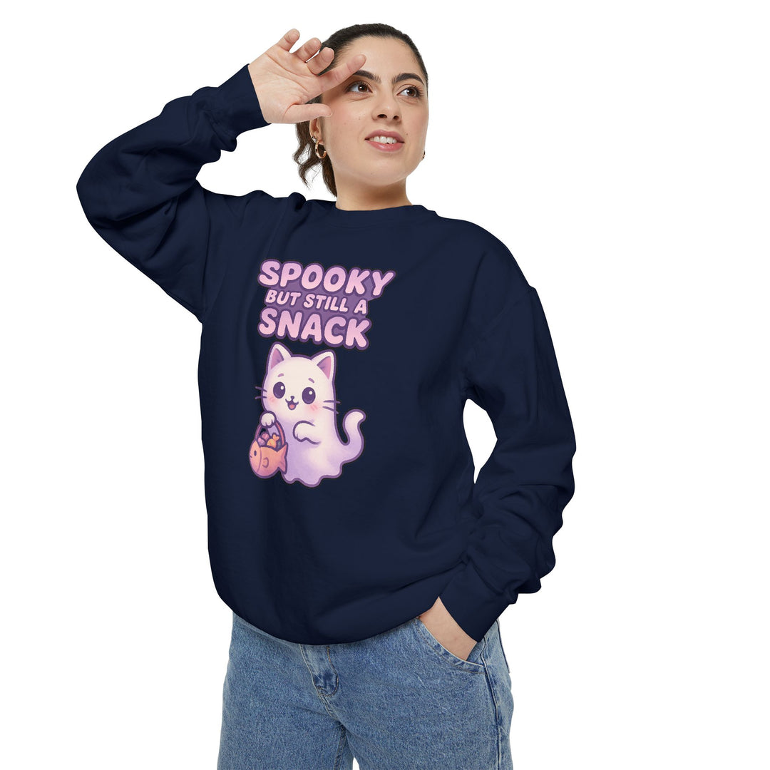 Spooky Snack Sweatshirt Featuring a Cute Ghost Cat Holding a Candy Basket with a Humorous Slogan