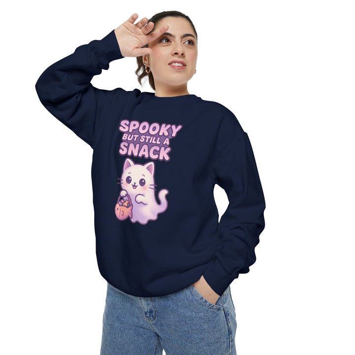 Spooky Snack Sweatshirt Featuring a Cute Ghost Cat Holding a Candy Basket with a Humorous Slogan