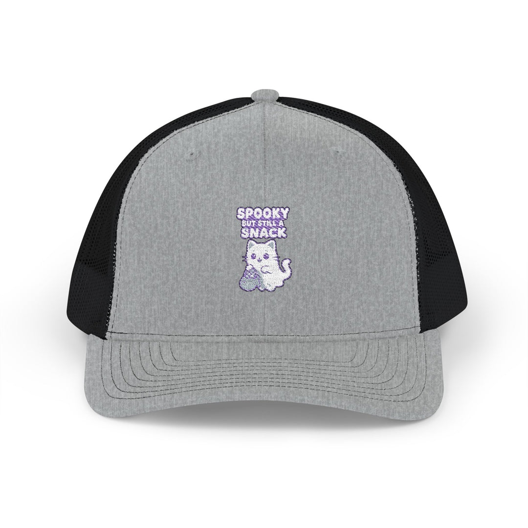 Spooky Snack Snapback Trucker Cap | Funny Hat for Halloween, Cool Gift for Pet Lovers, Embroidered Cap, Casual Summer Accessory, Outdoor Cap