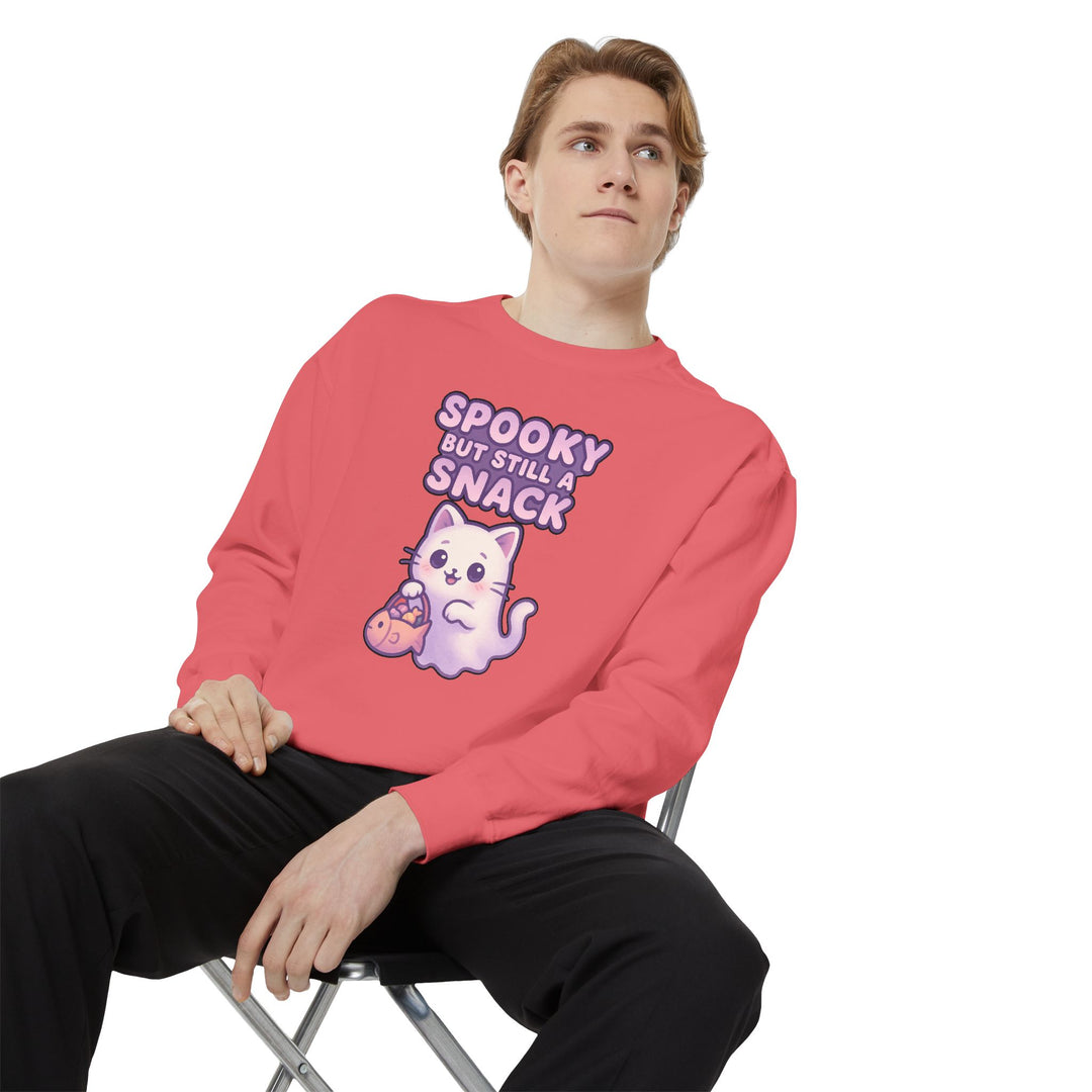 Spooky Snack Sweatshirt Featuring a Cute Ghost Cat Holding a Candy Basket with a Humorous Slogan