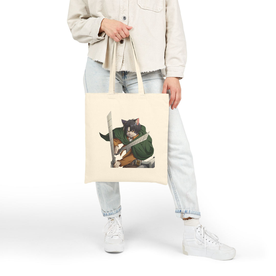 Cute Cat Warrior Cotton Canvas Tote Bag, Eco-Friendly Shopping Tote, Anime Tote, Cute Gift for Pet Lovers, Durable Shoulder Bag
