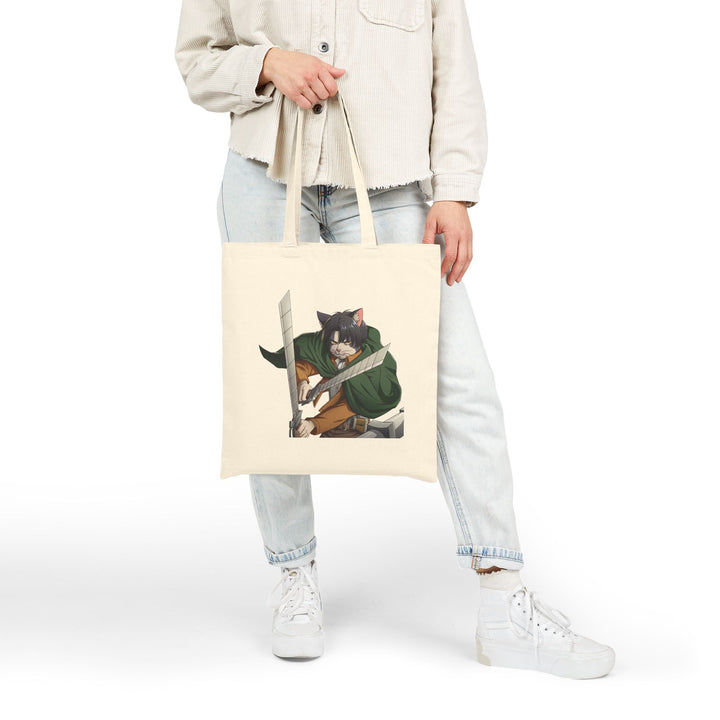 Cute Cat Warrior Cotton Canvas Tote Bag, Eco-Friendly Shopping Tote, Anime Tote, Cute Gift for Pet Lovers, Durable Shoulder Bag