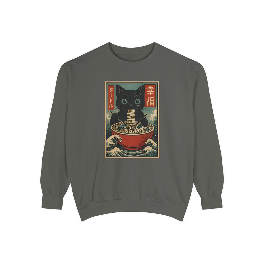 Japanese-Inspired Cat Sweatshirt Featuring a Black Cat Eating Ramen in a Classic Ukiyo-e Woodblock Art Style Cozy Unisex Sweater Cute Gift for Cat Lovers Casual Lounge Wear Perfect for Fall