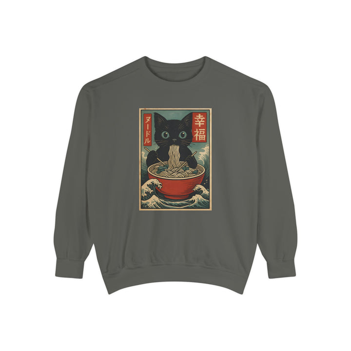 Japanese-Inspired Cat Sweatshirt Featuring a Black Cat Eating Ramen in a Classic Ukiyo-e Woodblock Art Style Cozy Unisex Sweater Cute Gift for Cat Lovers Casual Lounge Wear Perfect for Fall