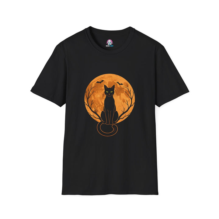 Black T-shirt with a seated black cat in front of an orange moon, framed by bare branches and bats.