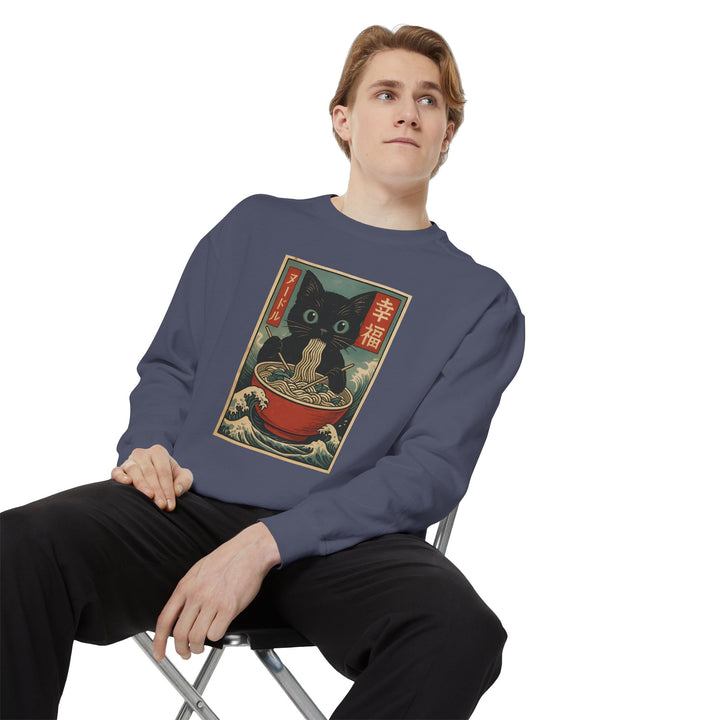 Japanese-Inspired Cat Sweatshirt Featuring a Black Cat Eating Ramen in a Classic Ukiyo-e Woodblock Art Style Cozy Unisex Sweater Cute Gift for Cat Lovers Casual Lounge Wear Perfect for Fall