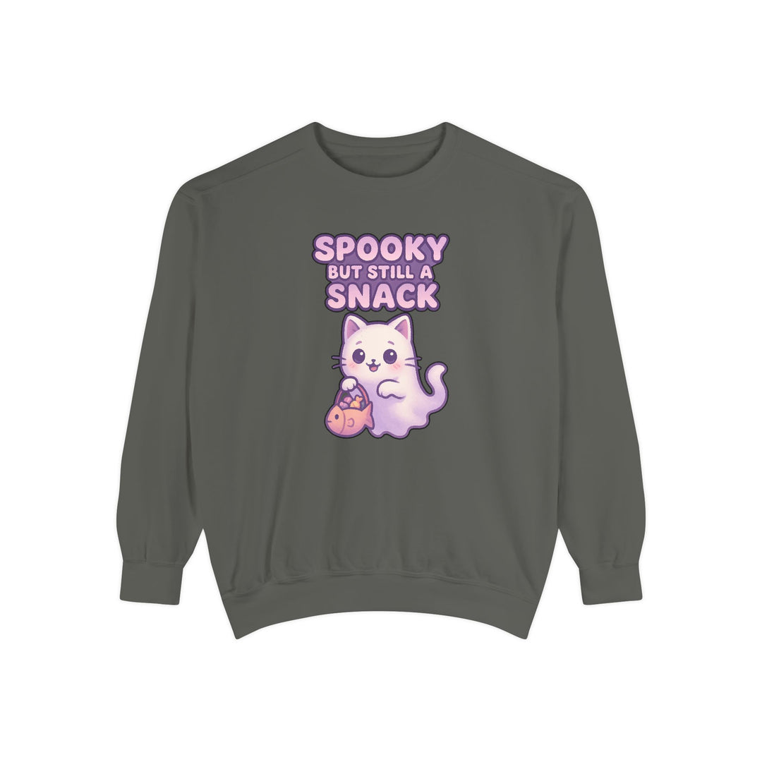 Spooky Snack Sweatshirt Featuring a Cute Ghost Cat Holding a Candy Basket with a Humorous Slogan