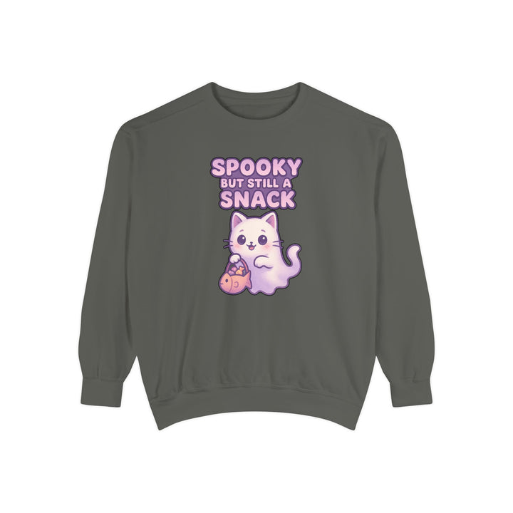 Spooky Snack Sweatshirt Featuring a Cute Ghost Cat Holding a Candy Basket with a Humorous Slogan