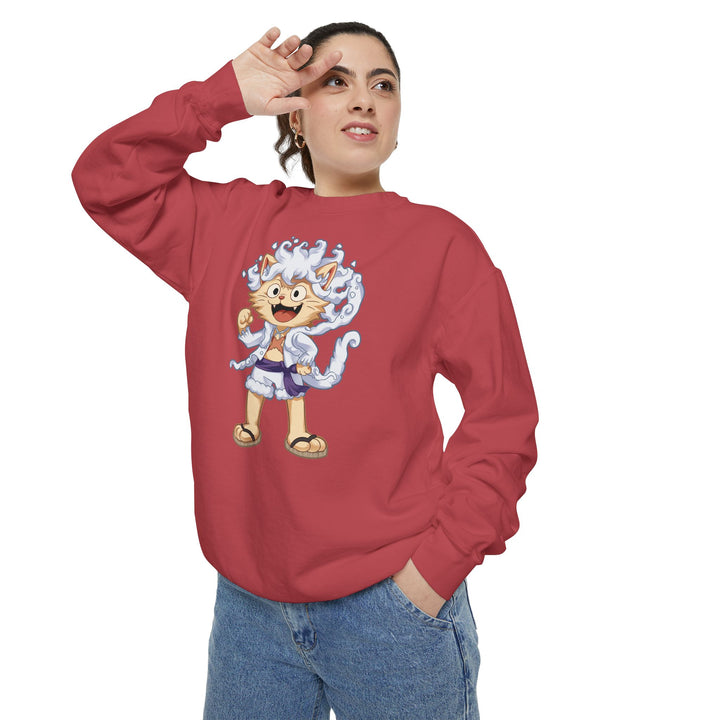 Cute Cat Character Sweatshirt Featuring a Whimsical Feline in a Cheerful Anime Inspired Pose for Fans of Unique Graphics Animal Lover Apparel Fun Fashion Casual Wear