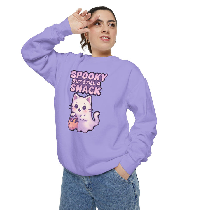 Spooky Snack Sweatshirt Featuring a Cute Ghost Cat Holding a Candy Basket with a Humorous Slogan