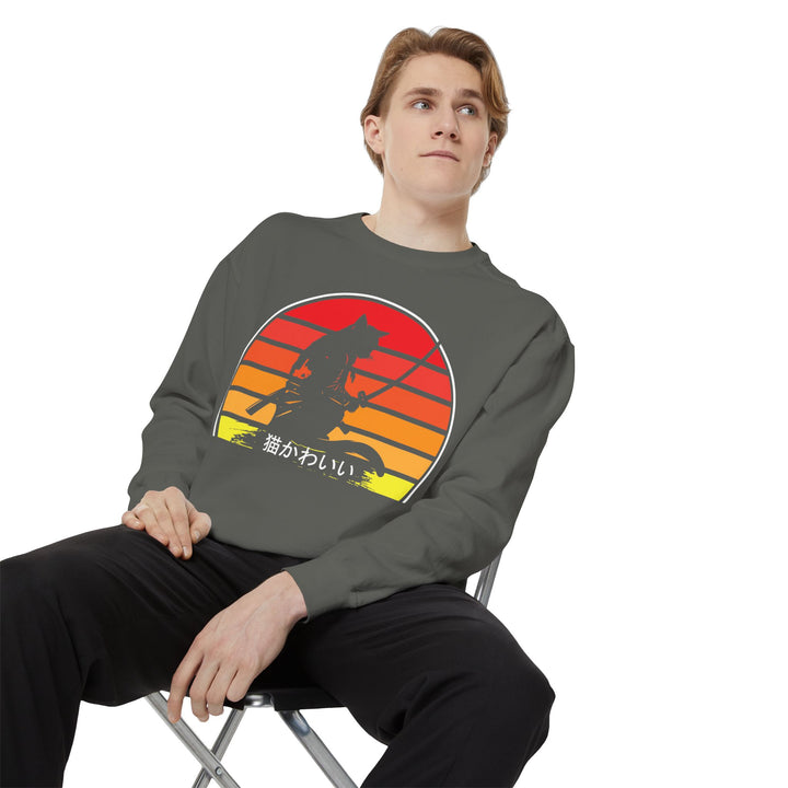 Sunset Samurai Sweatshirt | Cozy Unisex Garment-Dyed Pullover, Gift for Anime Lovers, Japanese Aesthetic Apparel, Fall Fashion, Casual Wear