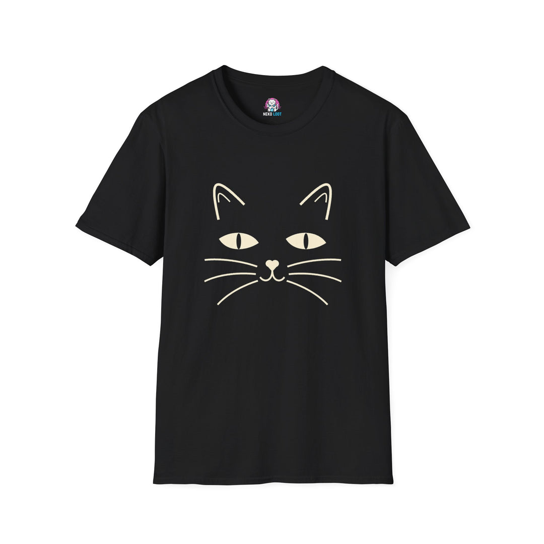Front view of a black T-shirt with a cream cat face, pointed ears, eyes and long whiskers.
